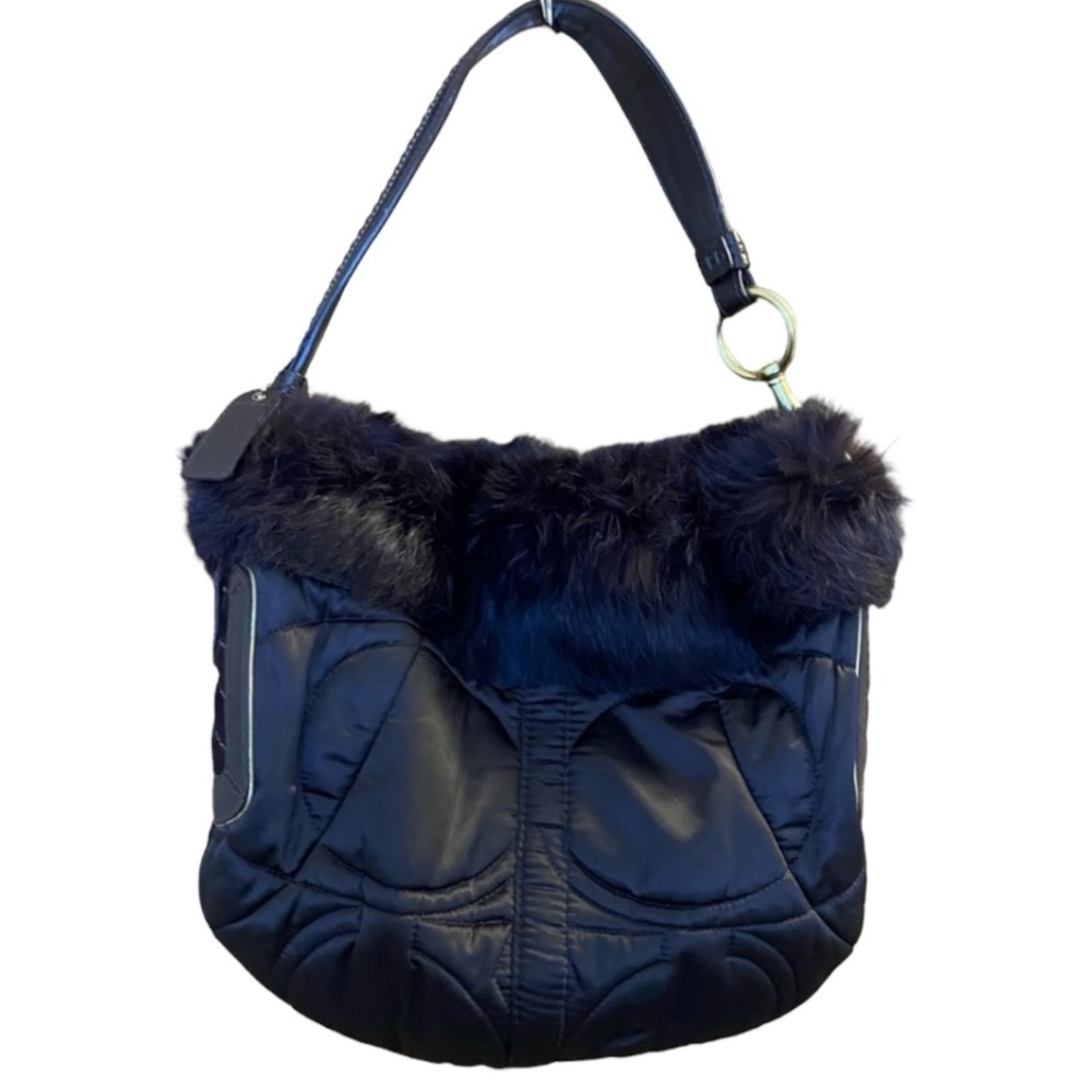 RARE AUTH Coach Archive Fur trim soho quilted CC black nylon puffer shoulder bag